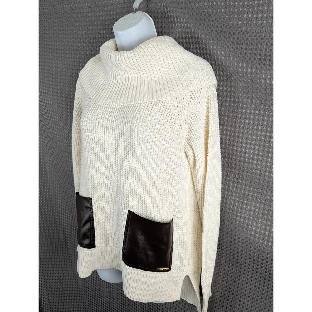 Michael‎ Kors Womens Cream Knit Cowl Neck Sweater Leather Pocket Pullover Chunky